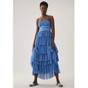 Hutch Anthropologie Strapless Tiered Tulle Dress Blue